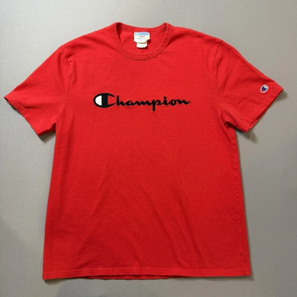 Champion Shirt Mens Large Red Script Logo Graphic Tee 100% Cotton Short Sleeve - Picture 5 of 5